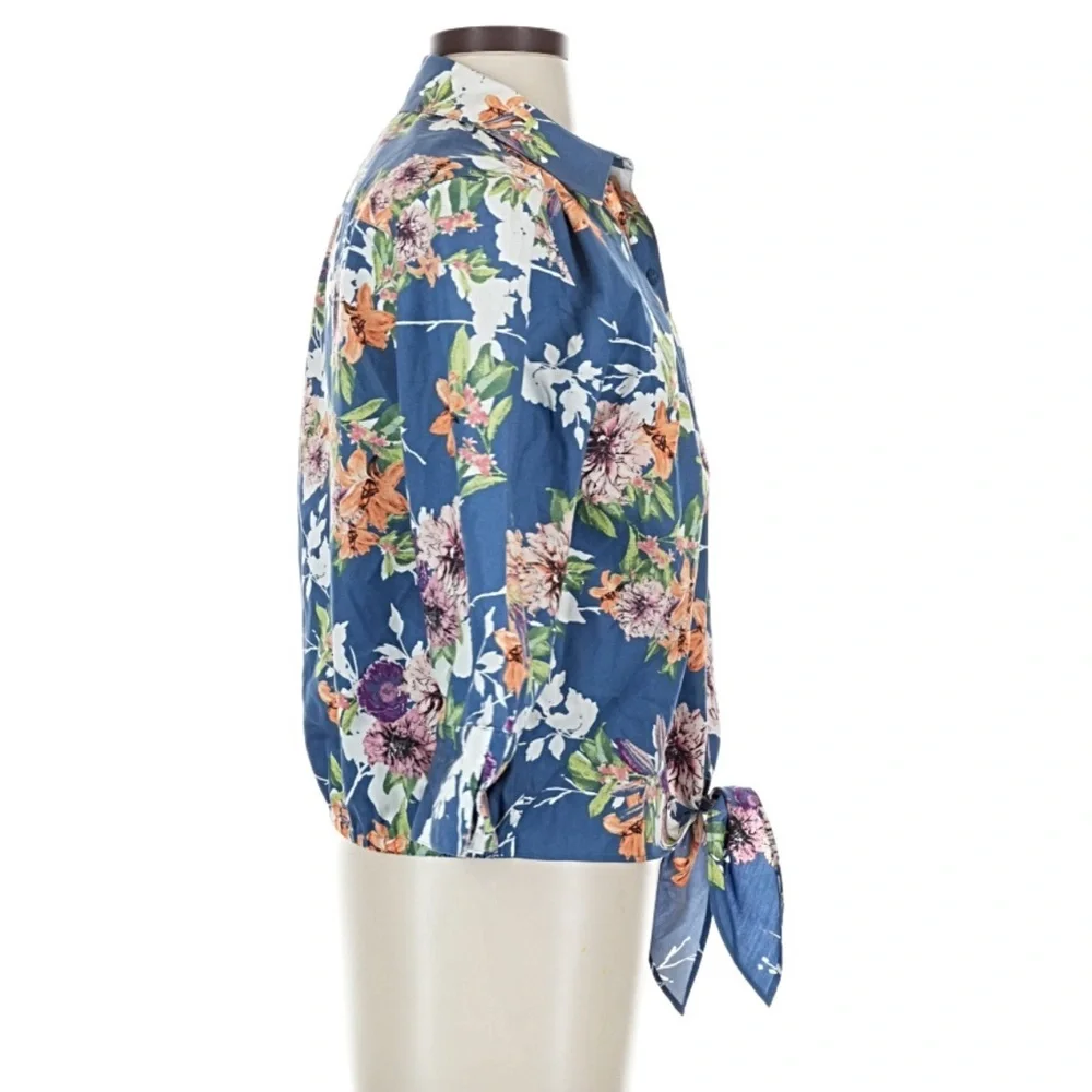 Chico's No-Iron 100% cotton blue floral print tie-front 3/4 sleeve blouse 1x/2x - Picture 3 of 4